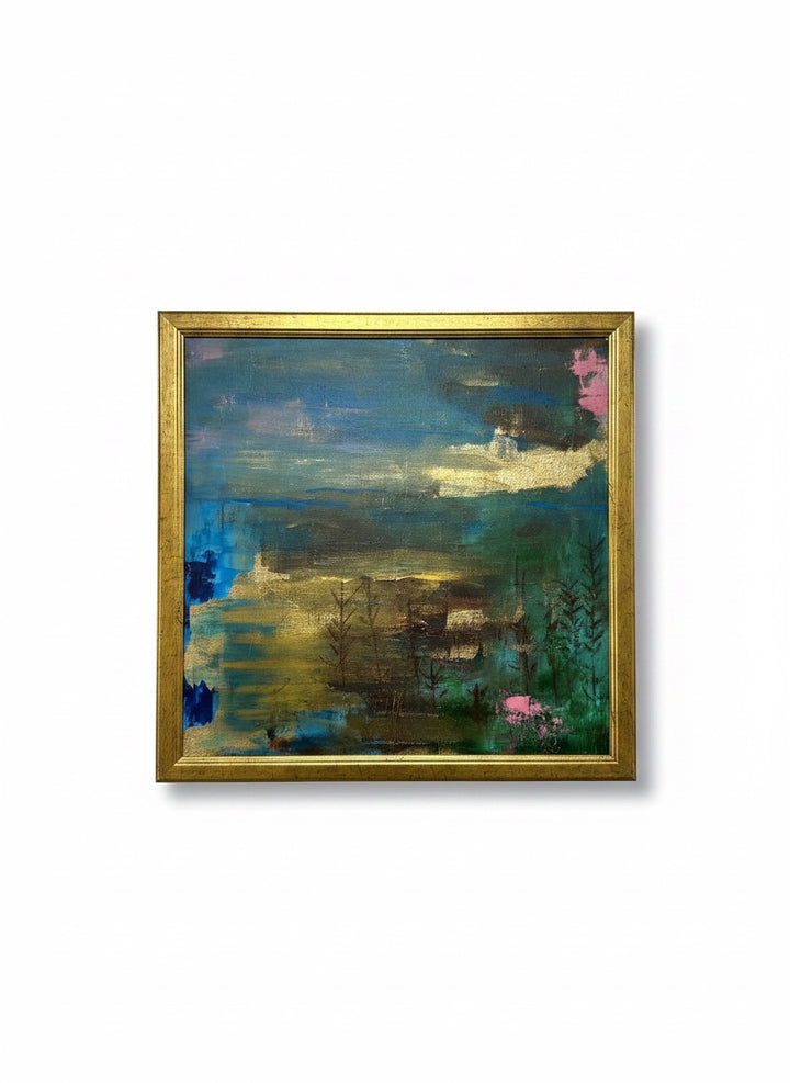 Chic Collective Midnight Garden Glow abstract painting with emerald, blue, charcoal, blush, and gold metallic accents. Framed.
