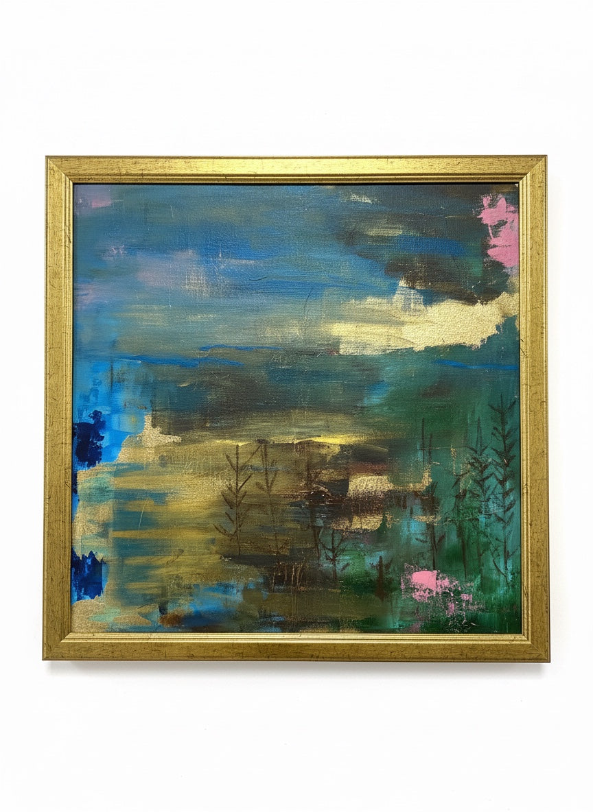 Chic Collective Midnight Garden Glow abstract painting with emerald, blue, charcoal, gold, and pink tones. Framed.