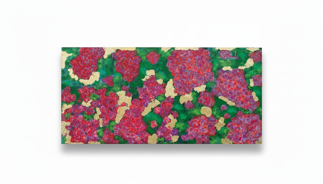 Chic Collective Midnight Garden in Bloom painting with vibrant crimson, fuchsia, violet, magenta florals on emerald green with gold leaf accents.