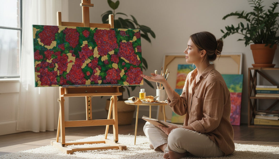 Chic Collective Midnight Garden in Bloom painting with vibrant crimson, fuchsia, violet, magenta florals on emerald backdrop with gold leaf accents.