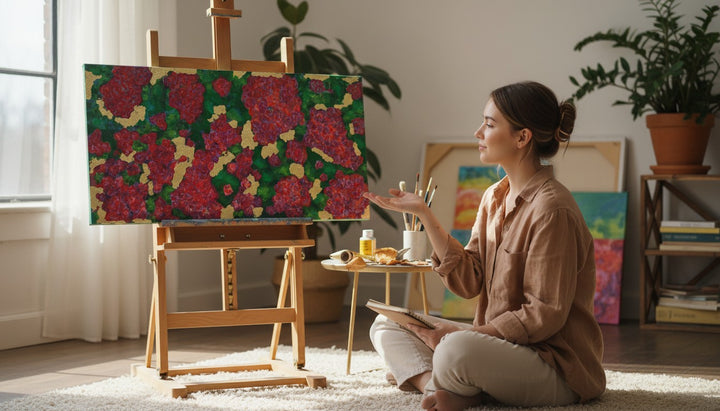 Chic Collective Midnight Garden in Bloom painting with vibrant crimson, fuchsia, violet, magenta florals on emerald backdrop with gold leaf accents.
