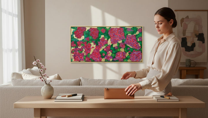 Chic Collective Midnight Garden in Bloom painting with vibrant crimson, fuchsia, violet, magenta florals on emerald backdrop with gold leaf accents.