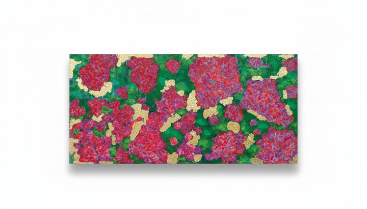 Chic Collective Midnight Garden in Bloom painting with vibrant crimson, fuchsia, violet, and magenta florals on an emerald backdrop with gold leaf accents.