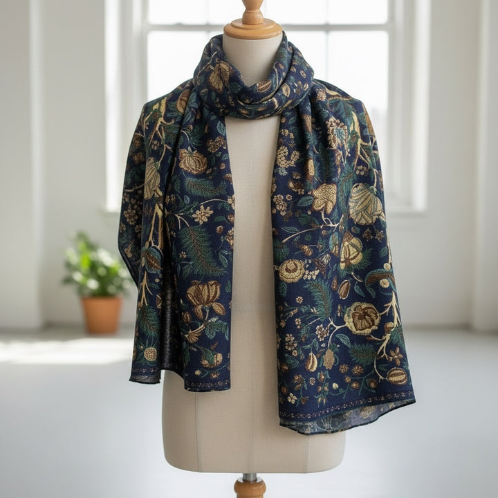 Chic Collective navy midi skirt with intricate floral and woodland print in teal, gold, and olive. A-line silhouette.