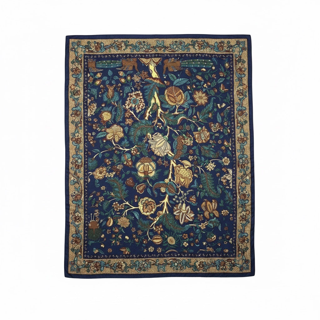 Chic Collective Midnight Garden Scarf with intricate floral and woodland motifs in navy, teal, gold, and olive.