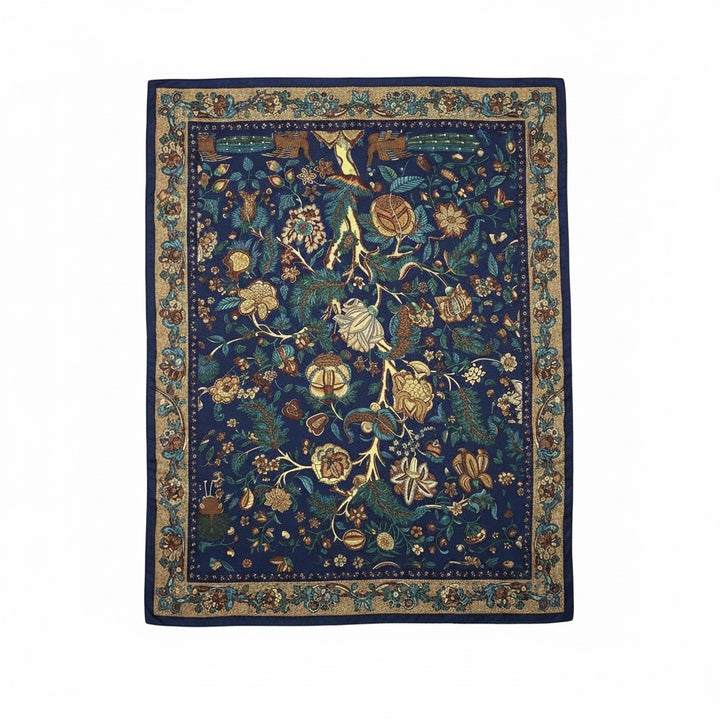 Chic Collective Midnight Garden Scarf with intricate floral and woodland motifs in navy, teal, gold, and olive.