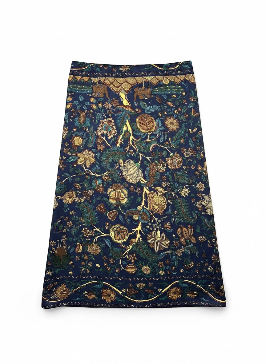 Chic Collective Midnight Garden Scarf with intricate floral and woodland motifs in navy, teal, gold, and olive.