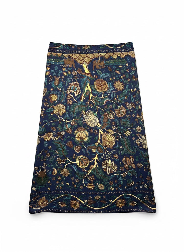 Chic Collective Midnight Garden Scarf with intricate floral and woodland motifs in navy, teal, gold, and olive.