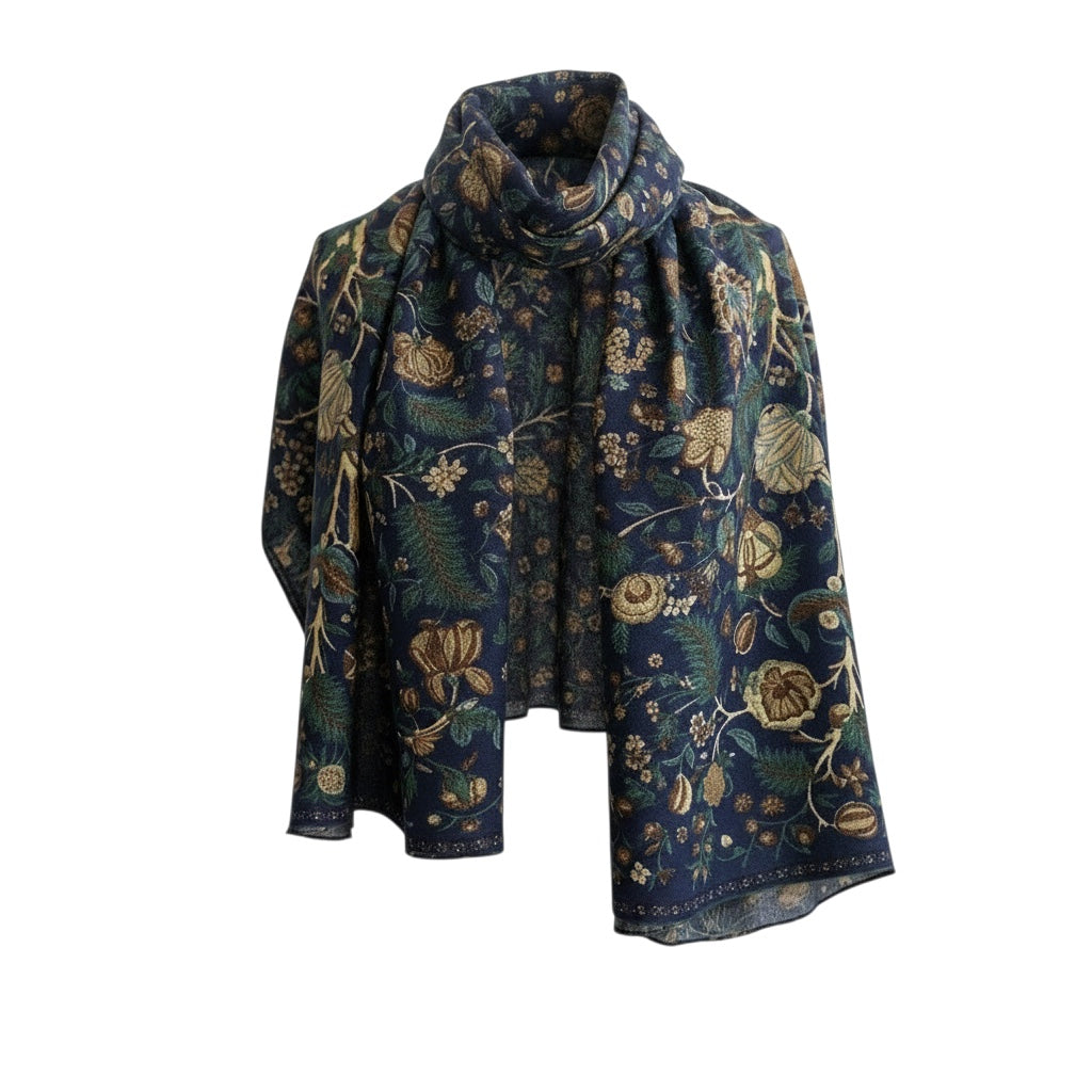Chic Collective Midnight Garden Scarf: Navy floral print scarf with teal, gold, and olive botanical motifs. Lightweight and versatile.
