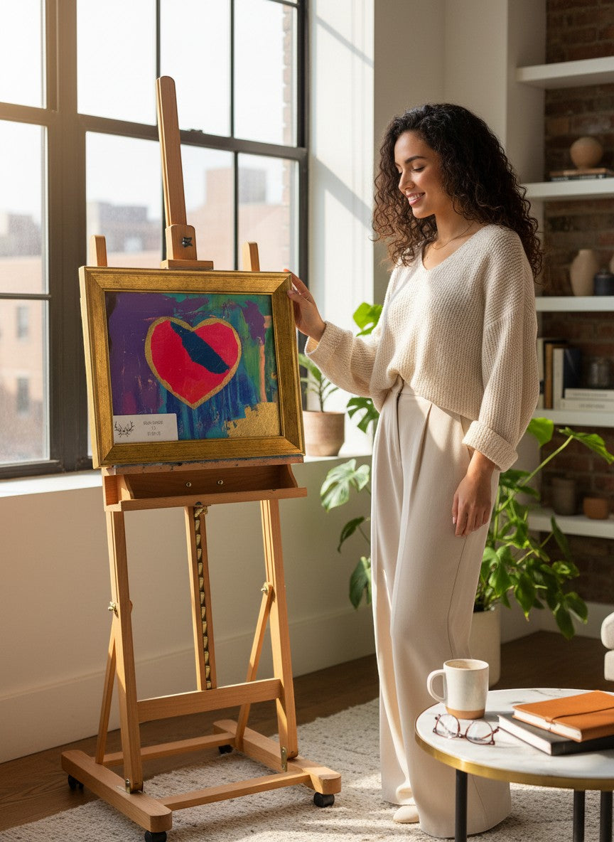Chic Collective Midnight Kiss abstract heart painting with fuchsia, cobalt, violet, turquoise, and gold accents. Framed.