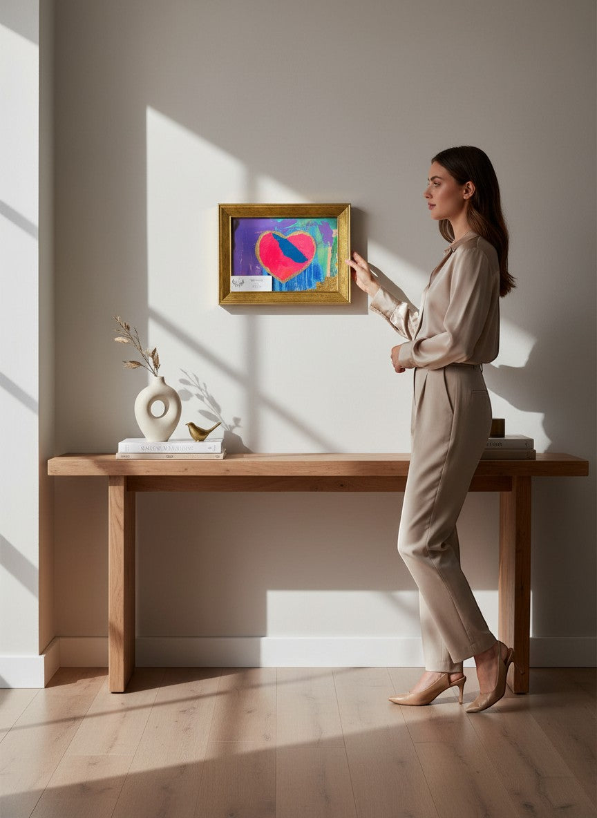 Chic Collective Midnight Kiss abstract art painting of a fuchsia heart with cobalt blue brushstroke, framed in antique gold.