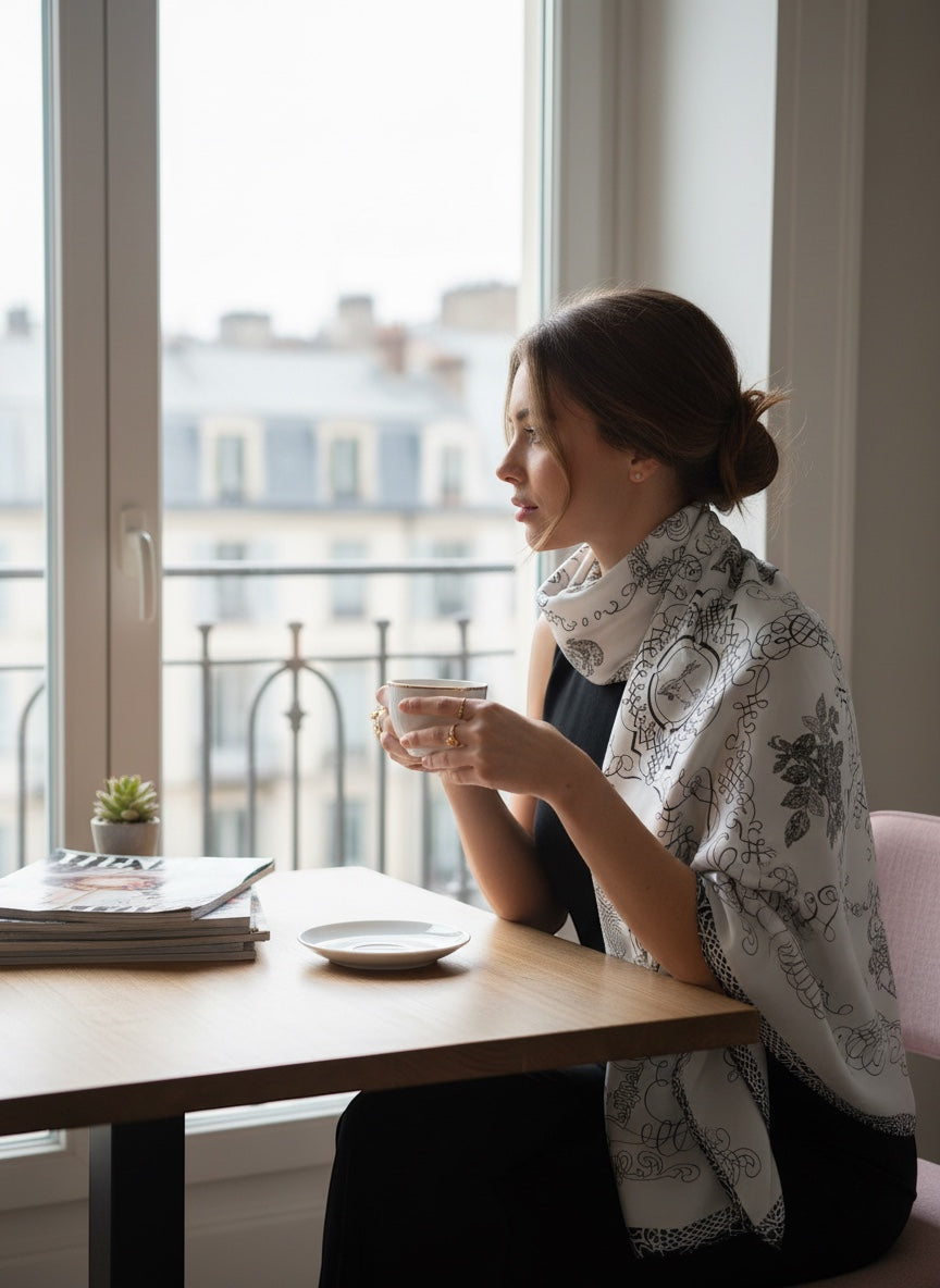 Chic Collective ivory satin scarf with black ornamental detailing, botanical motifs, and architectural linework.