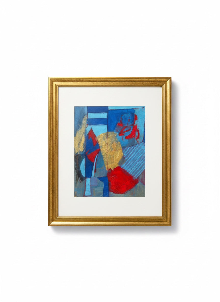 Chic Collective Midnight Mosaic abstract framed art with indigo, blue, crimson, and gold accents.