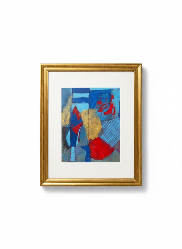 Chic Collective Midnight Mosaic abstract framed art with indigo, blue, crimson, and gold accents.