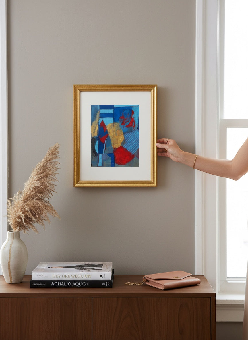 Chic Collective Midnight Mosaic abstract framed art with indigo, blue, crimson, and gold accents. Gold frame.