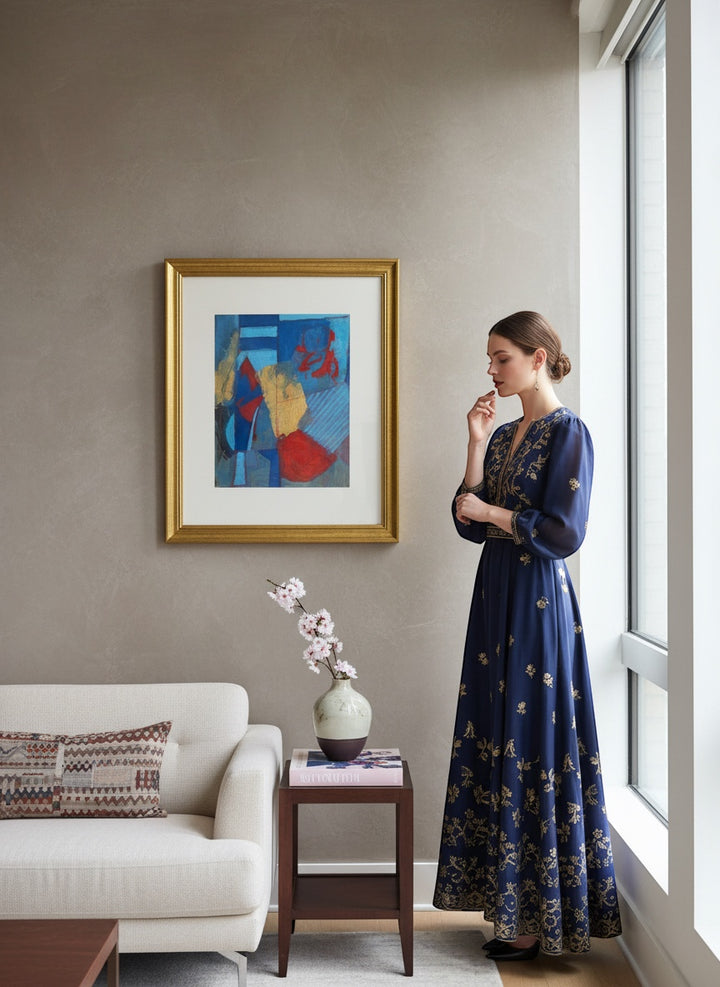 Chic Collective Midnight Mosaic abstract art with indigo, blue, crimson, and gold. Framed in gold.