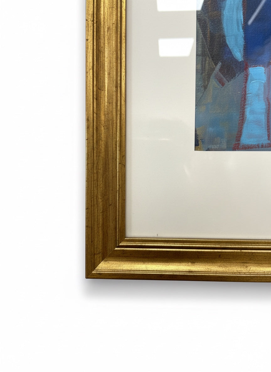 Chic Collective Midnight Mosaic abstract painting with indigo, blue, crimson, and gold accents, framed in gold.
