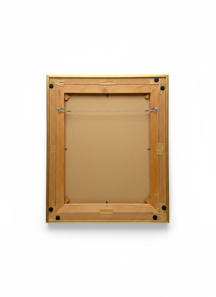 Chic Collective Midnight Mosaic framed artwork with gold frame, featuring abstract indigo, blue, crimson, and gold.