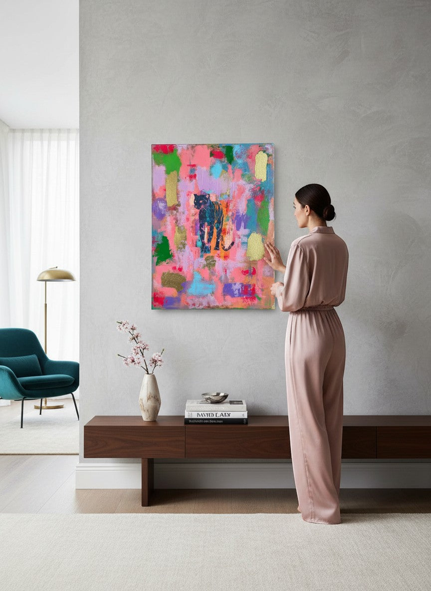 Chic Collective abstract painting with a black panther silhouette on vibrant pink, purple, and green background with gold leaf accents.