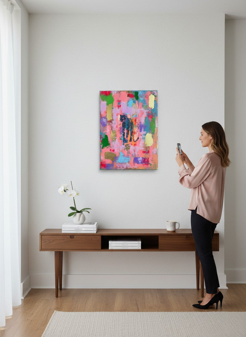 Chic Collective Midnight Muse abstract painting with panther silhouette, pink, turquoise, gold leaf accents.
