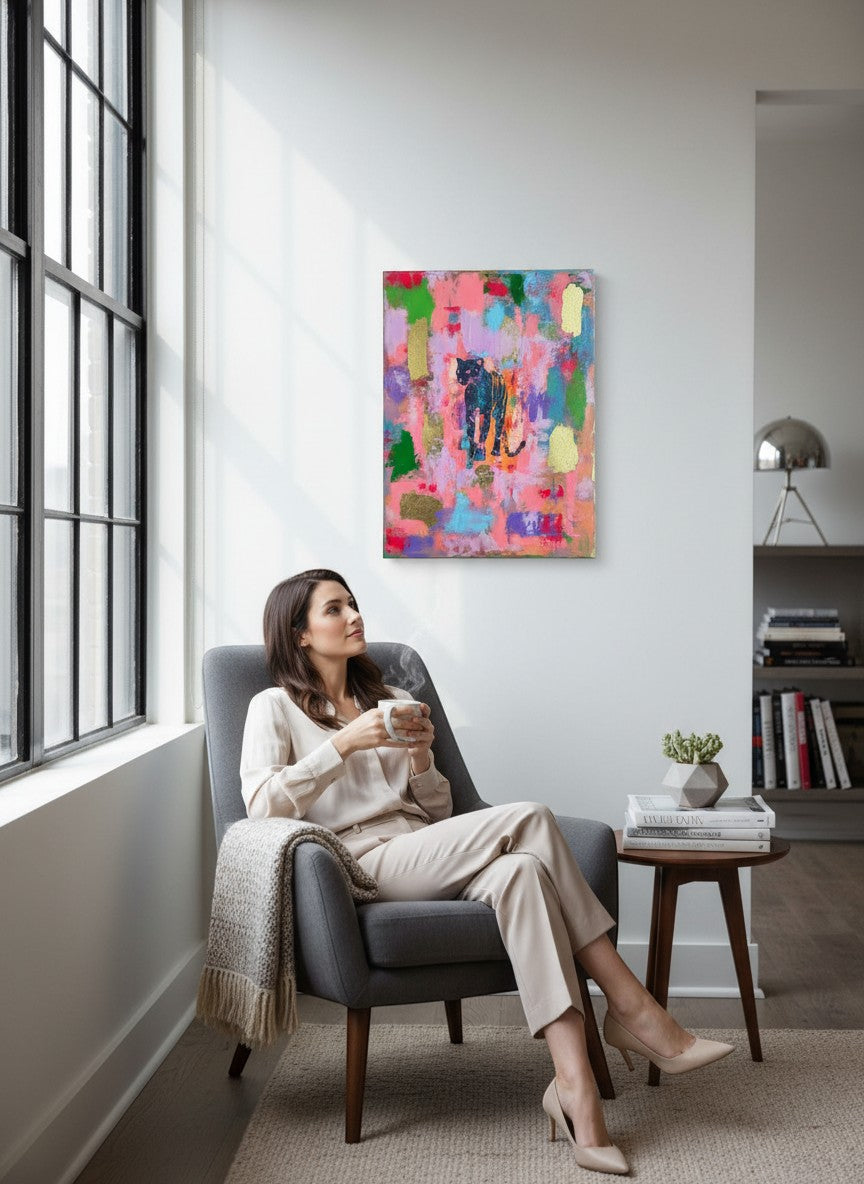 Chic Collective Midnight Muse abstract painting with panther silhouette, pink, lavender, turquoise, gold leaf.
