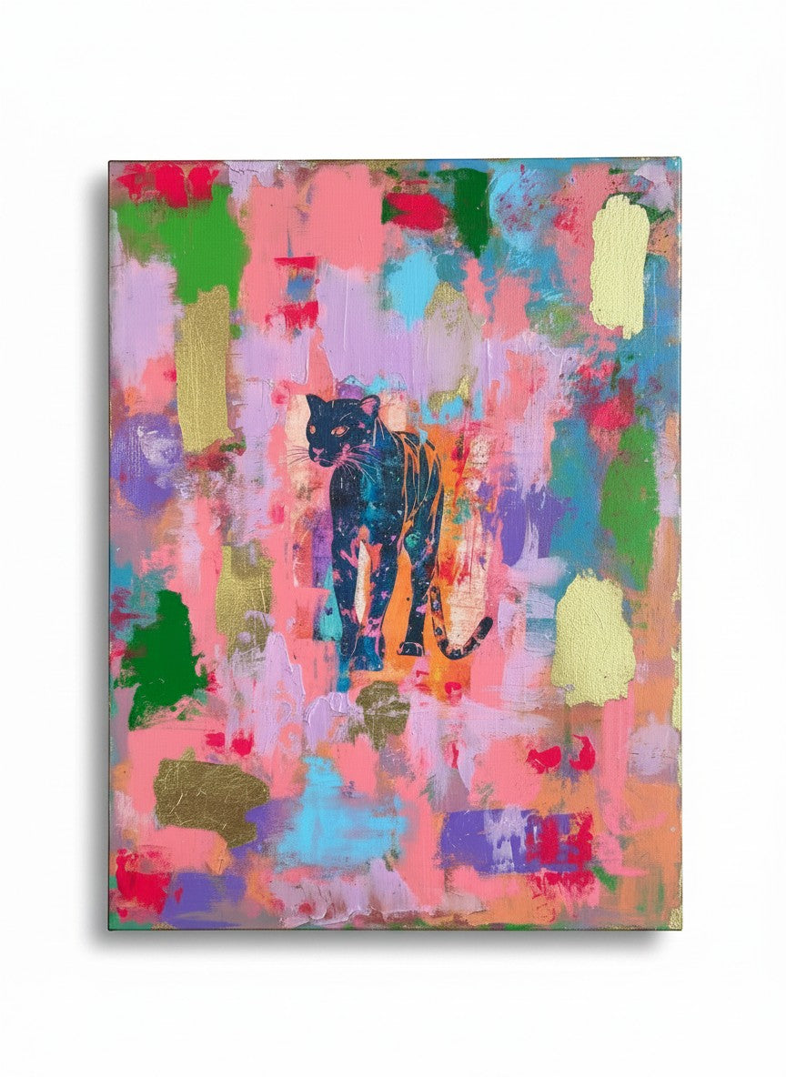 Chic Collective Midnight Muse abstract painting with a black panther silhouette on a vibrant pink, purple, and green background with gold leaf accents.