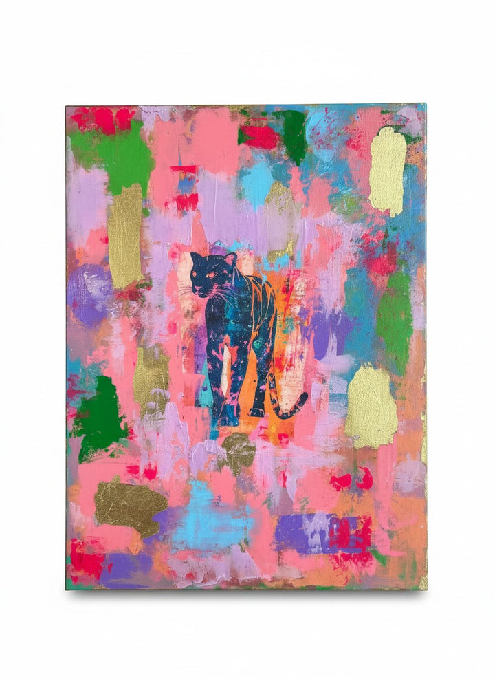 Chic Collective Midnight Muse abstract painting with a black panther silhouette on a vibrant pink, purple, turquoise, and green background with gold leaf accents.