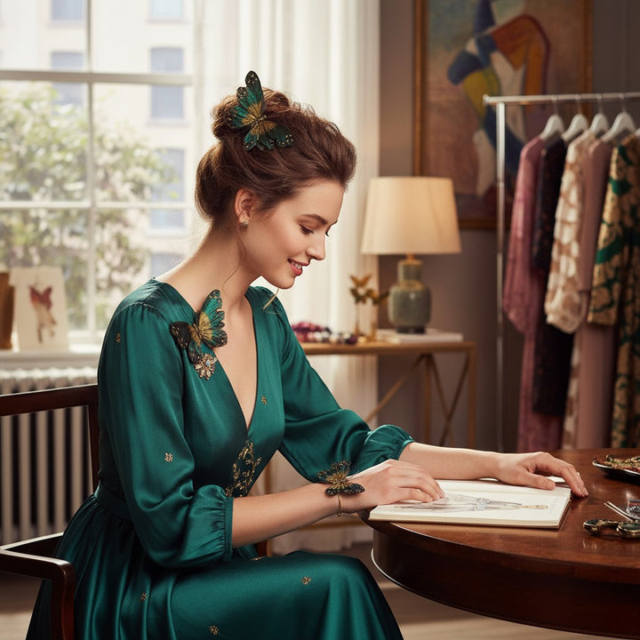 Chic Collective Moody Butterfly Pick Set with glitter and feather details, worn as hair clip and brooch on a model in a green dress.