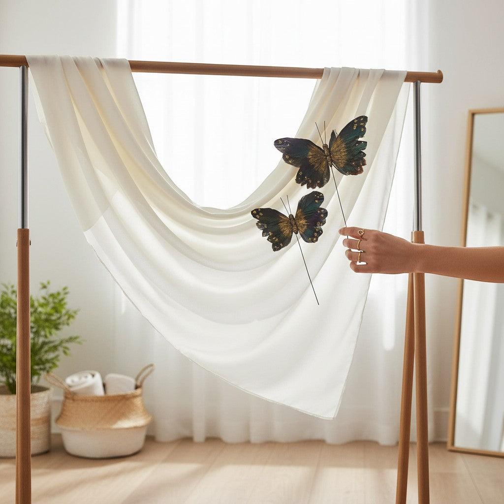 Chic Collective Moody Butterfly decorative picks with glitter and feather details on wire stems, displayed on a white draped fabric.