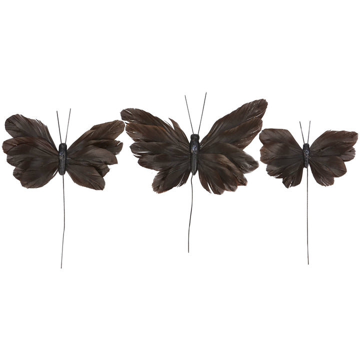 Chic Collective Moody Butterfly Pick Set, dark brown feathered butterflies with glitter detail and wire stems, set of 3.