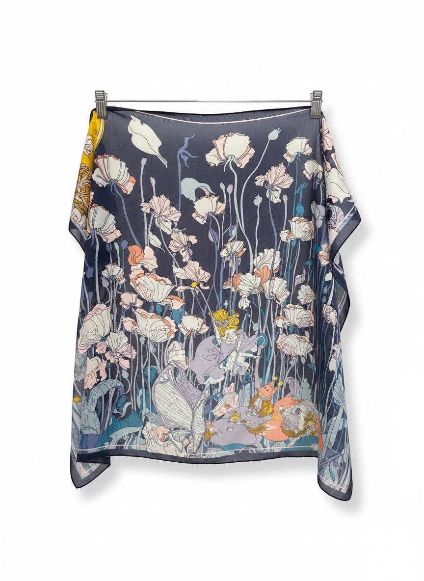Chic Collective Moonlit Meadow Scarf with ivory and blush florals on navy, featuring woodland figures and ethereal elegance.