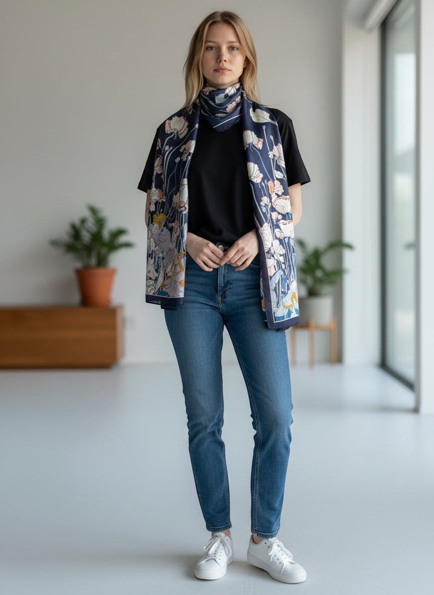 Chic Collective Moonlit Meadow Scarf with navy blue, ivory, blush, peach, blue, lavender, and teal floral print.
