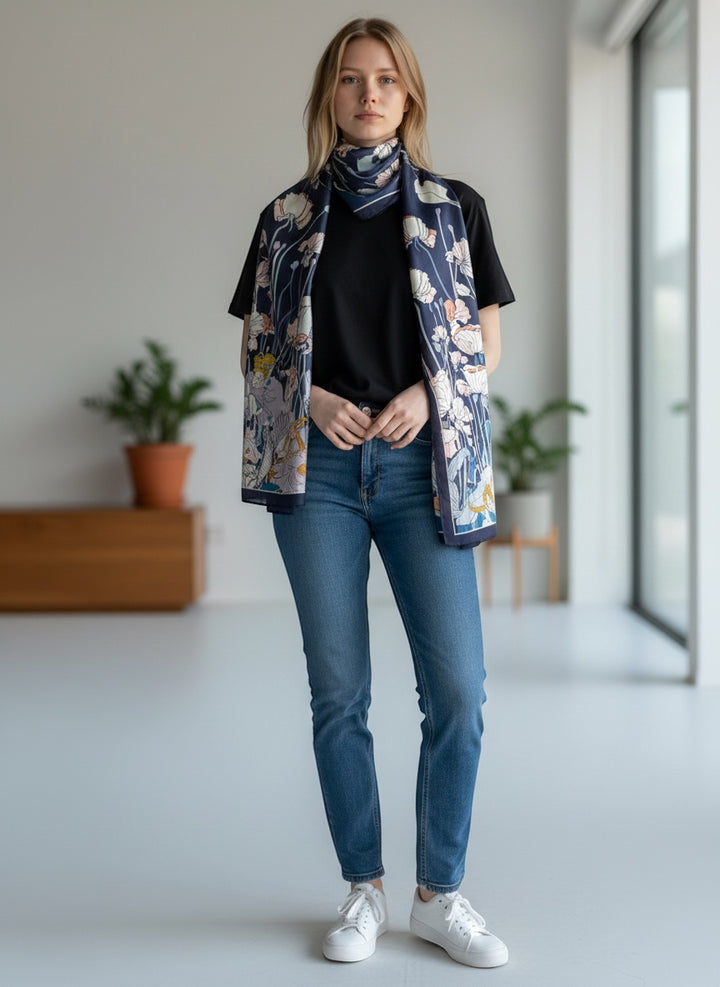 Chic Collective Moonlit Meadow Scarf with navy blue, ivory, blush, peach, blue, lavender, and teal floral print.