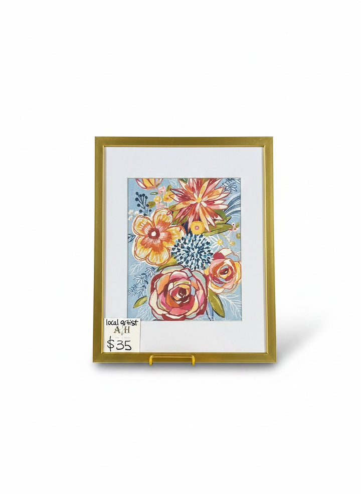 Chic Collective Morning Bloom Society framed floral art print with coral, blush, and golden marigold blossoms on sky blue.
