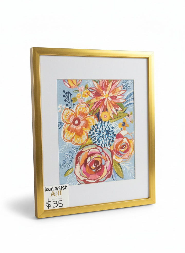 Chic Collective Morning Bloom Society framed art print with coral, blush, and golden marigold flowers on sky blue background.