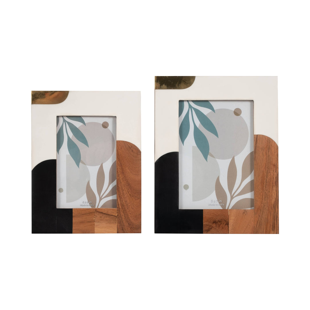 Chic Collective multicolor resin mid-century photo frame with wood and brass accents, featuring abstract shapes and a botanical print insert.