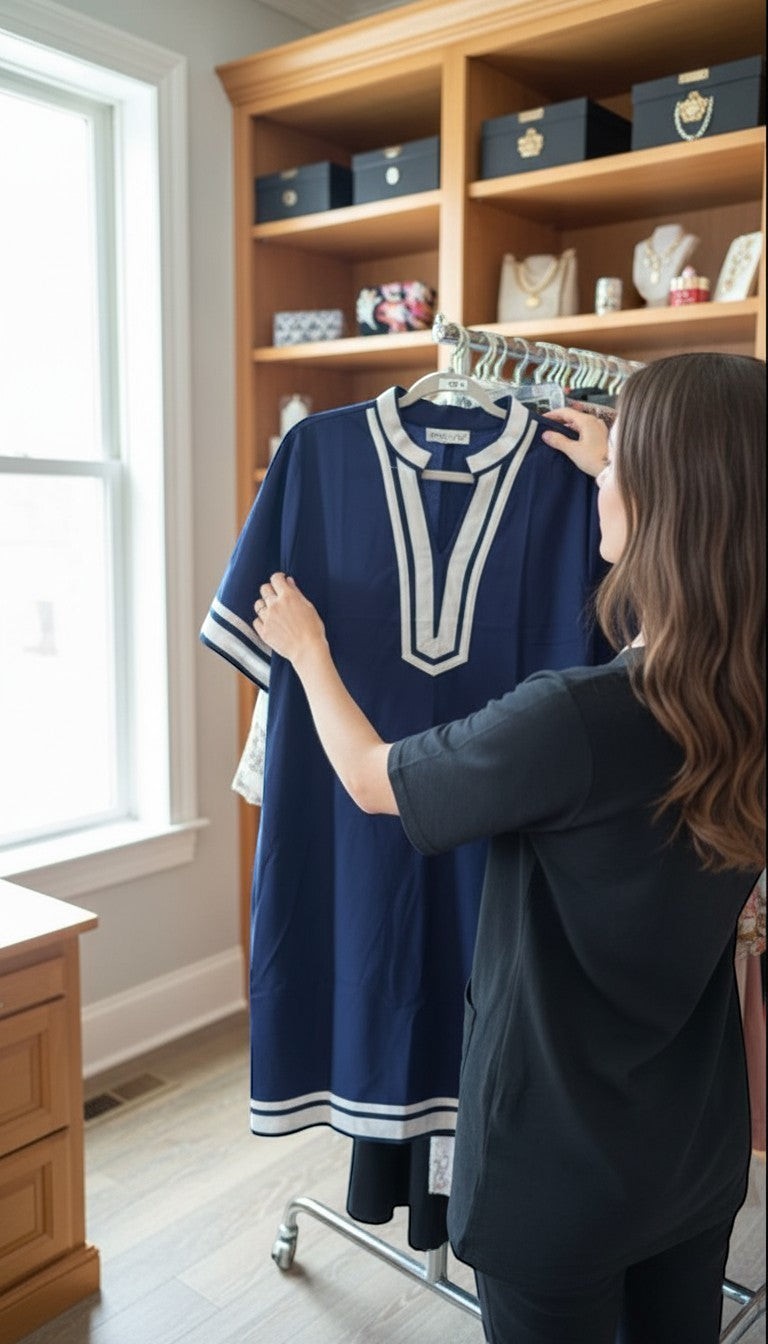 Chic Collective navy blue plus size tunic dress with white trim on V-neck, short sleeves, and hem.