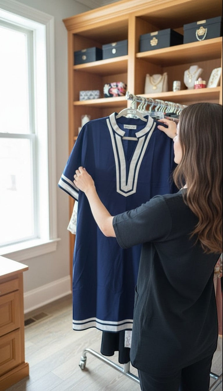 Chic Collective navy blue plus size tunic dress with white trim on V-neck, short sleeves, and hem.