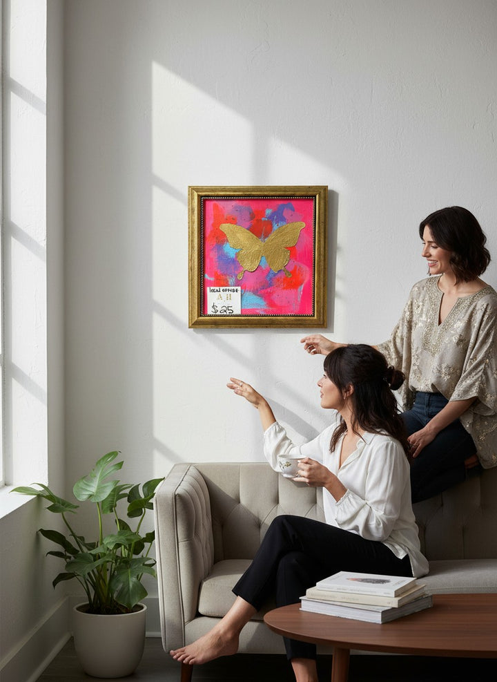 Chic Collective Neon Flutter framed artwork with metallic gold butterfly on vibrant pink, coral, violet, and blue abstract background.
