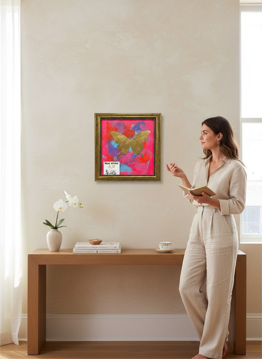 Chic Collective Neon Flutter metallic butterfly artwork with hot pink, coral, violet, and blue abstract background in gold frame.