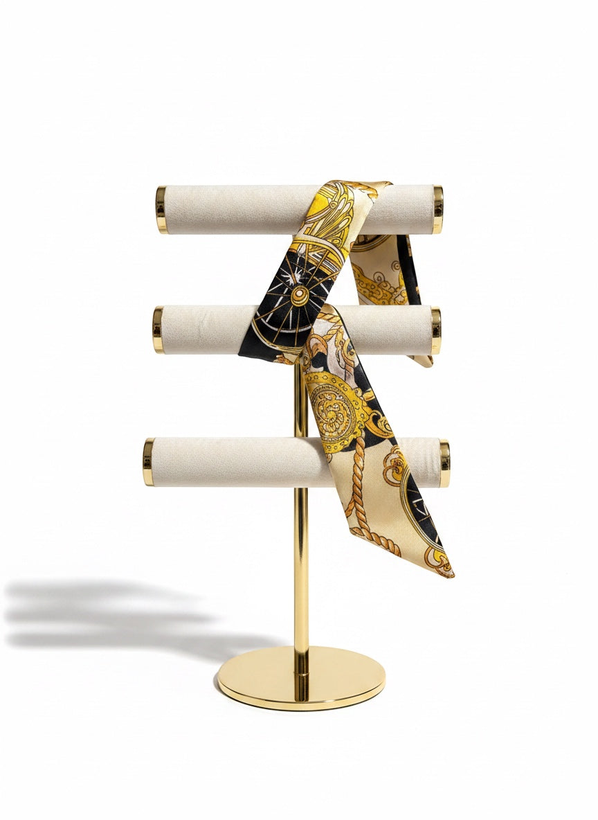 Chic Collective The Noir Équestre Ribbon Tie in black, ivory, and gold with equestrian motifs. Silky accessory with a satin finish.