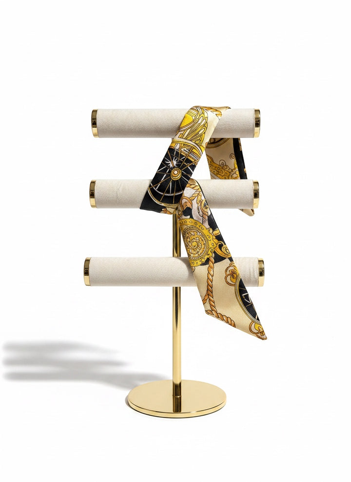Chic Collective The Noir Équestre Ribbon Tie in black, ivory, and gold with equestrian motifs. Silky accessory with a satin finish.