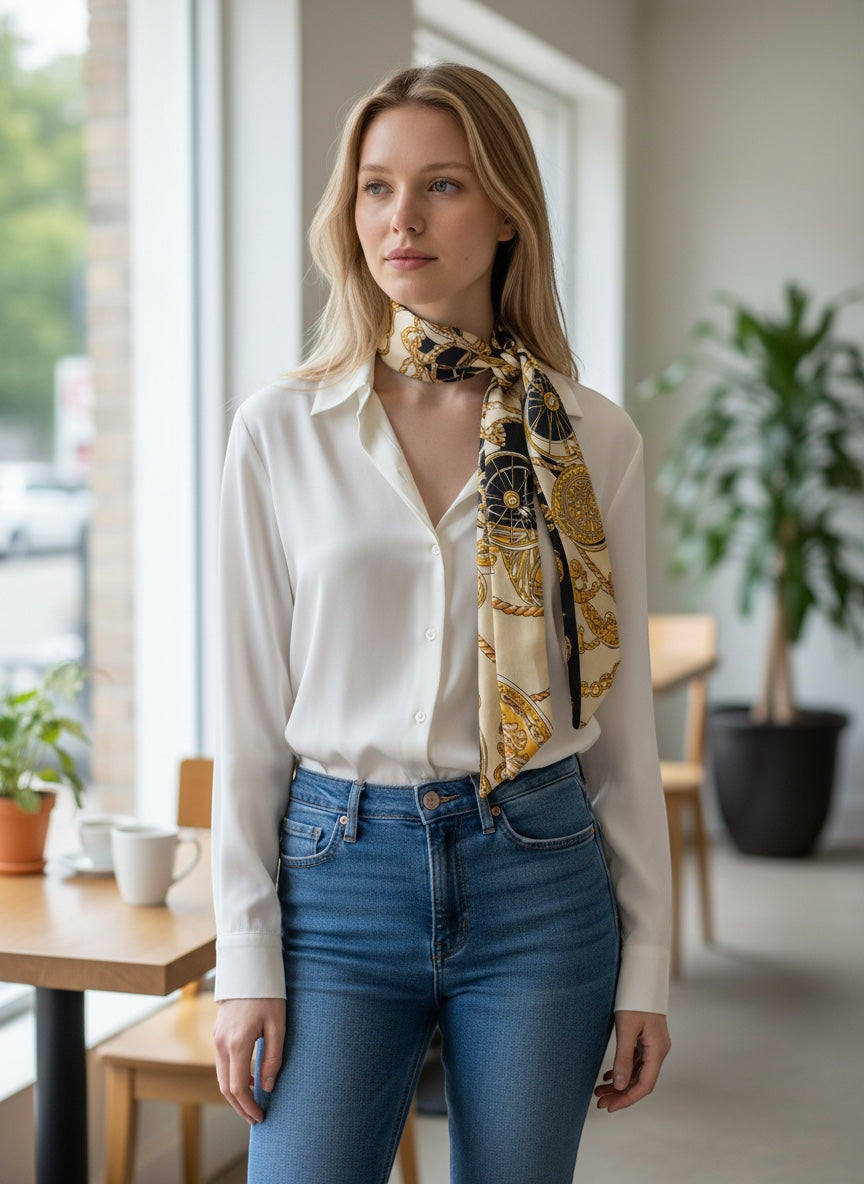 Chic Collective Noir Équestre Ribbon Tie scarf in ivory, black, and gold with equestrian motifs. Silk.