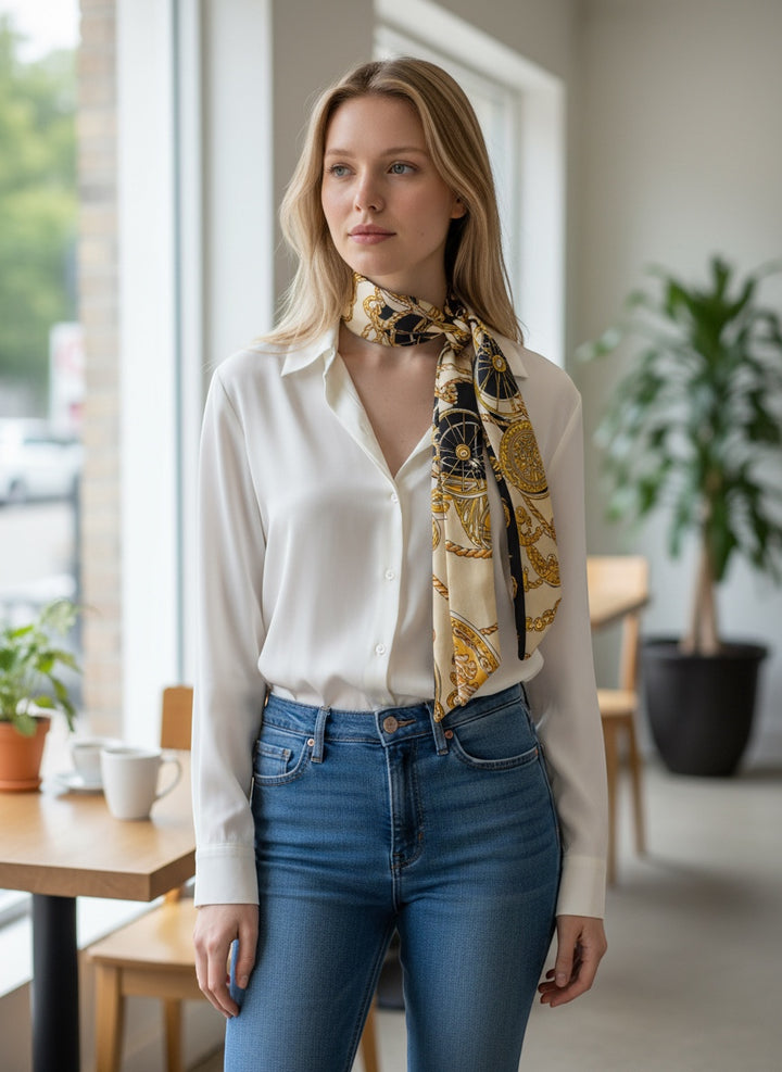 Chic Collective Noir Équestre Ribbon Tie scarf in ivory, black, and gold with equestrian motifs. Silk.