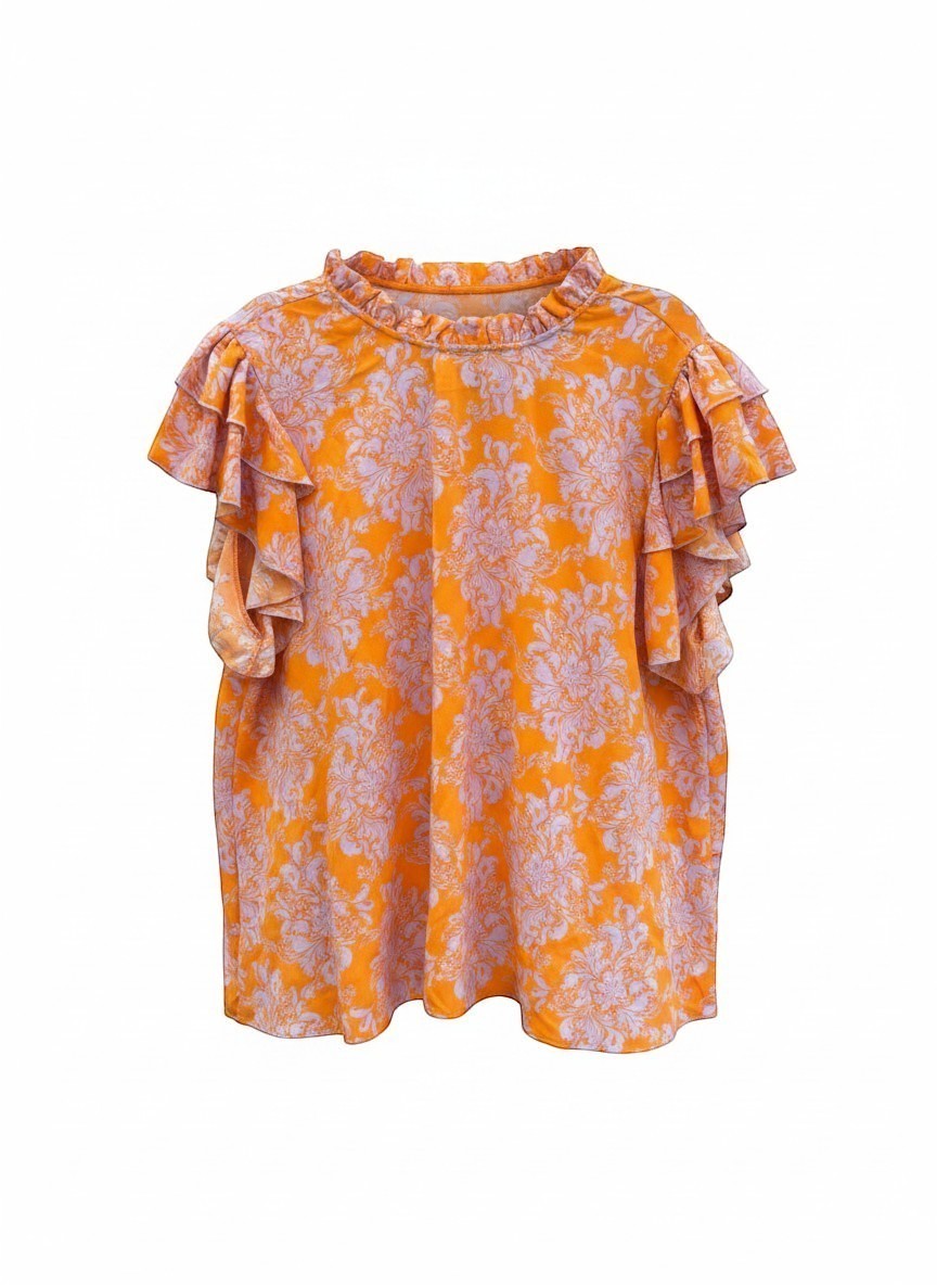 Chic Collective orange lilac floral mock neck double layered ruffle top with flutter sleeves.