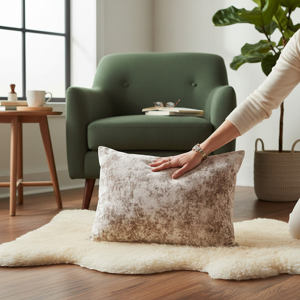 Chic Collective Verona crushed velvet cushion in oyster colour, with a shimmering, silky texture. Rectangular accent pillow.