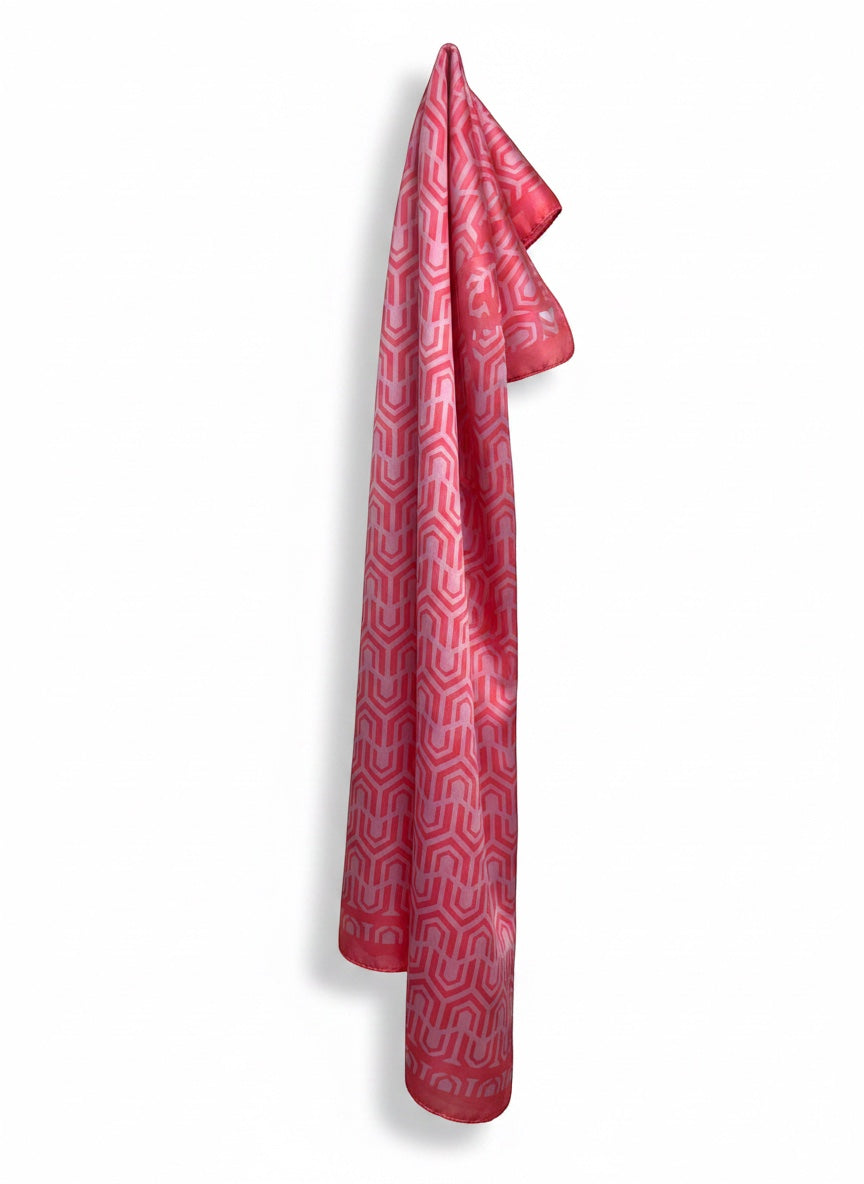 Chic Collective Palm Beach Scarf in pink and coral geometric pattern, silky satin finish.