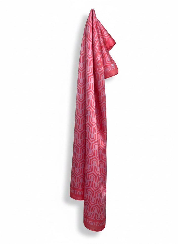 Chic Collective Palm Beach Scarf in pink and coral geometric pattern, silky satin finish.