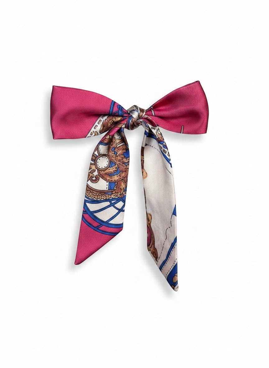 Chic Collective Parisian Jewel Ribbon Tie in magenta with scarf print detailing in cobalt, camel, and ivory. Silky satin finish.