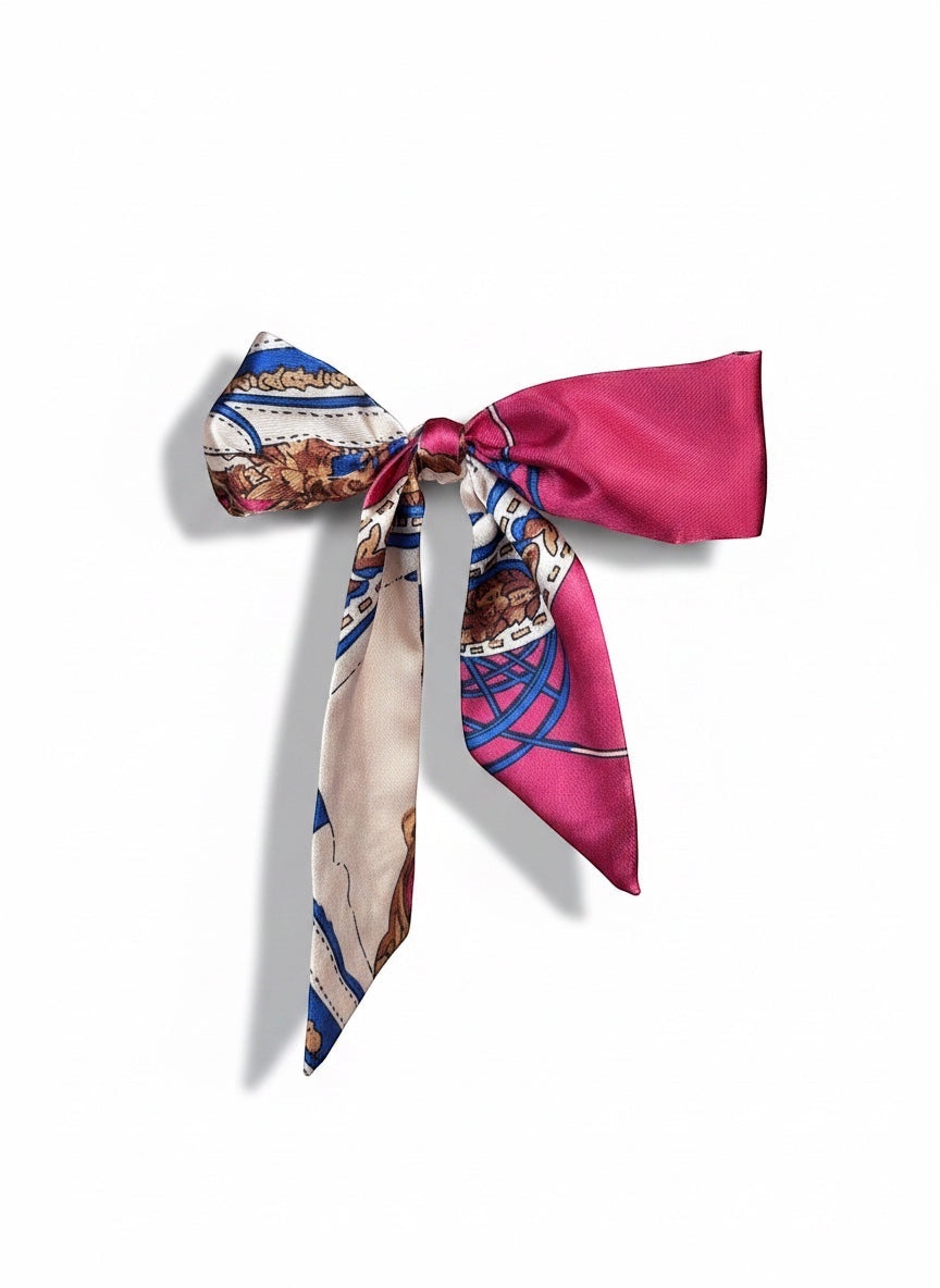 Chic Collective Parisian Jewel Ribbon Tie: Magenta satin ribbon with scarf print in cobalt, camel, and ivory.
